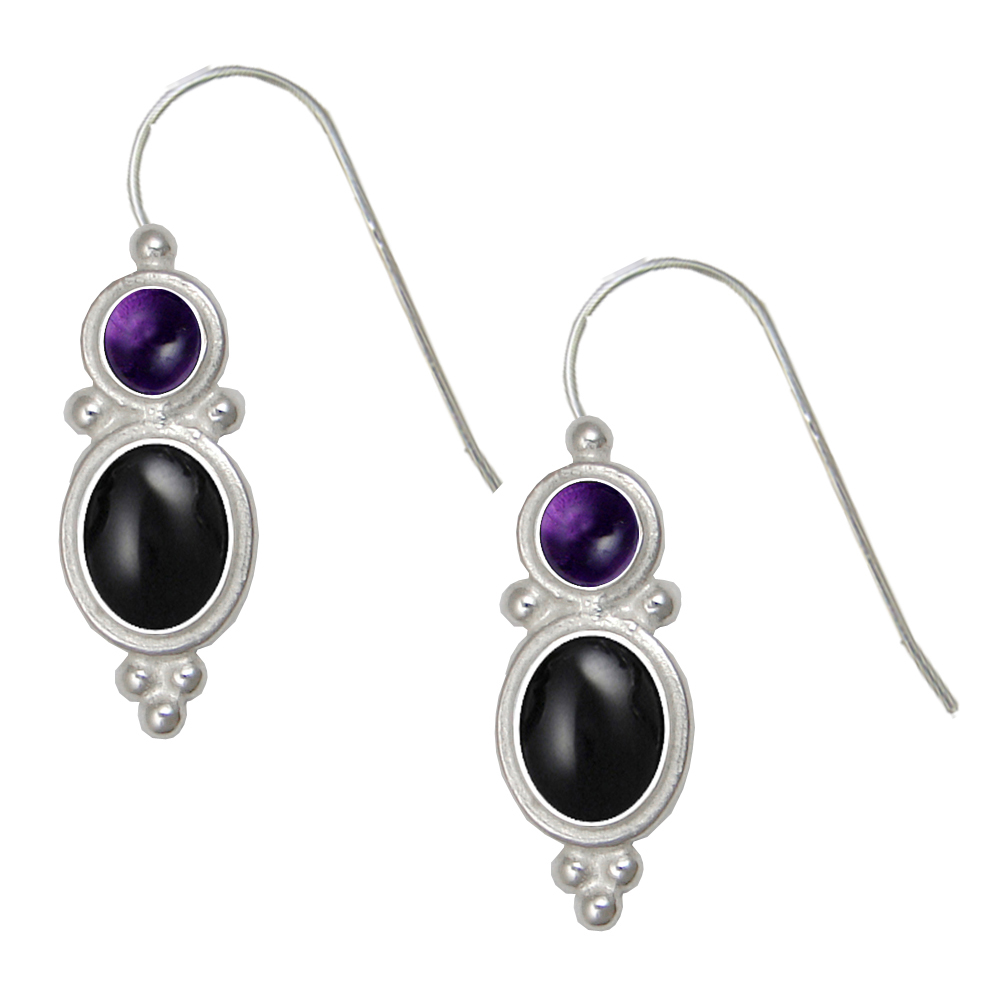 Sterling Silver Drop Dangle Earrings Black Onyx And Amethyst